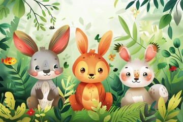 Cute woodland bunnies in lush forest