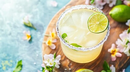 Fototapeta premium A refreshing Brazilian lemonade with a sugar rim and a lime wedge, placed on a wooden board with delicate pastel flowers scattered around
