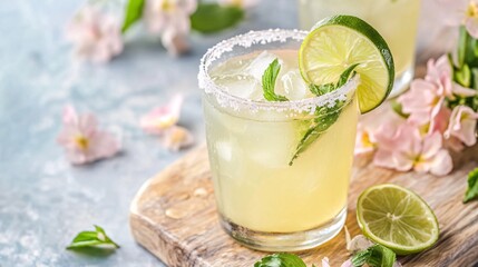 Fototapeta premium A refreshing Brazilian lemonade with a sugar rim and a lime wedge, placed on a wooden board with delicate pastel flowers scattered around