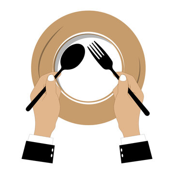 recommend clip art: Vector illustration shows an empty plate and a hand holding a fork, spoon and knife. Person holding cutlery. Concept representing food shortage, hunger. Flat design
