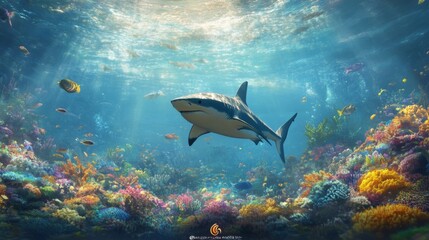 Fototapeta premium Majestic Shark Swimming in Vibrant Coral Reef