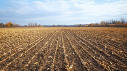 A harvested cornfield with rows of dried husks under a cloudy sky