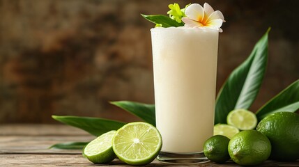 Fototapeta premium A tall glass of Brazilian lemonade, frosted with condensation, isolated against a rustic wooden backdrop with fresh limes and tropical flowers