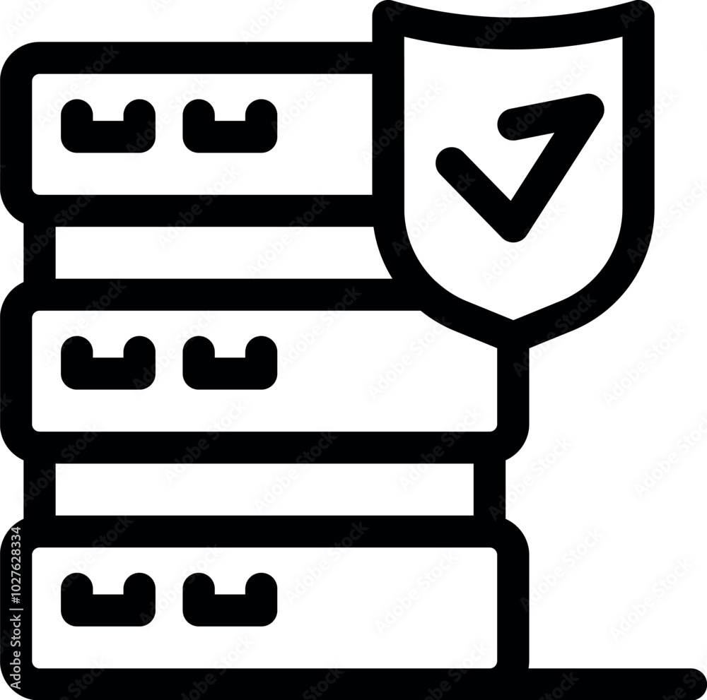 Poster simple bold outline icon representing data security, showing a database with a shield and checkmark