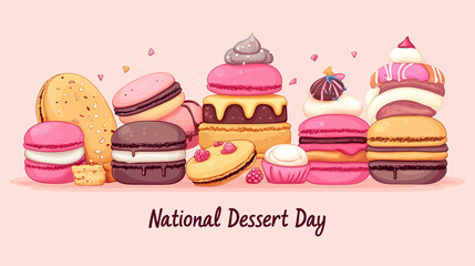 A flat vector banner with various desserts like macarons, cookies, and cakes, with the words "National Dessert Day" in the center. Copy space at the bottom