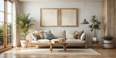 Fototapeta premium Large Horizontal Frame Mock Up in a Muted White Living Room with Wooden Elements for Interior Design Inspiration