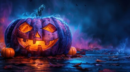 A glowing pumpkin lantern amidst swirling mist and vibrant autumn leaves on a spooky Halloween night. Generative AI