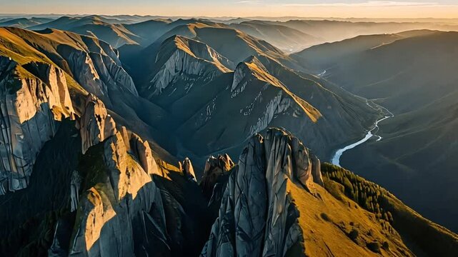 Aerial view of rugged mountain peaks with a winding river in the valley below at sunrise in Colorado. Seamless looping 4K time-lapse video background.