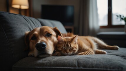 A golden retriever dog and an orange tabby cat are cuddling and napping together on a couch.