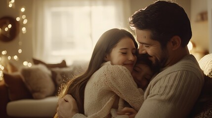A tender family embrace in a softly lit home setting capturing warmth and the joy of being together