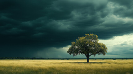 Lone Tree in Golden Field Under Dark Stormy Clouds With Approaching Rain in Distance