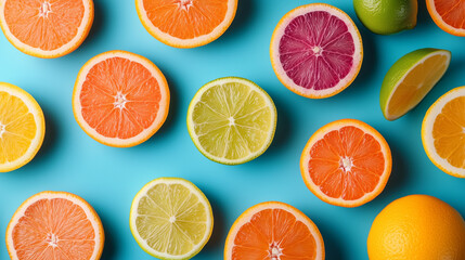 Fototapeta premium Citrus Fruit Slices Pattern Orange Grapefruit Lime On Blue Background
