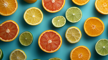 Fototapeta premium Vibrant Citrus Fruit Halves On Blue Background Oranges Lemons Limes Close-Up