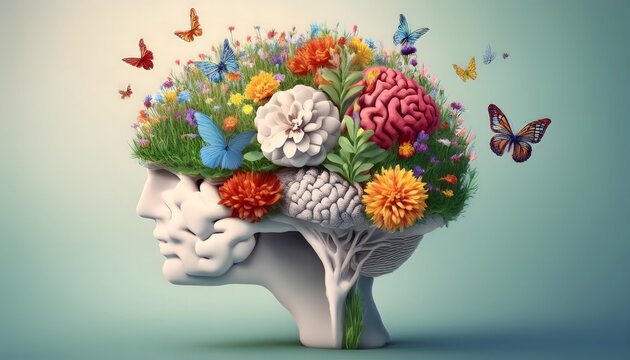 Generative AI illustration of annual collective mind concept art, exploding mind, inner world, dreams, emotions, imagination and creative mind.Human head and brain.Deep thinking, meditation.