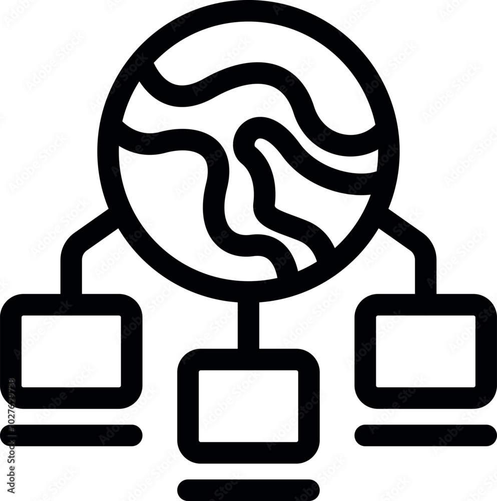 Poster simple vector icon representing the concept of globalization with three computers connected to the e