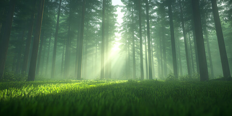 Fototapeta premium Serene Light Through Misty Forest Trees