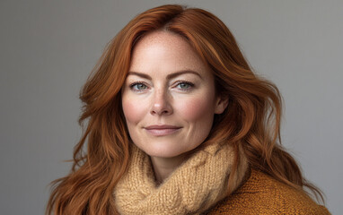 A woman with red hair and a yellow scarf is smiling. She has a warm and friendly expression