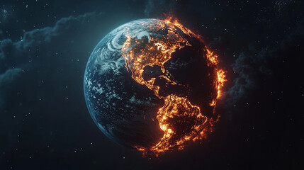 burning planet Earth in space, set against a bright blue backdrop. This powerful visual symbolizes climate change, environmental crisis, and the urgent need for global awareness