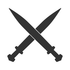 Sword vector illustration icon. Crossed gladius swords military or heraldry symbol. Protection and security sign. Medieval or knight weapon. Fantasy fencing logo.