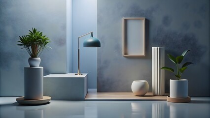 modern interior design, minimalist interior design with modern office setup on a blue background