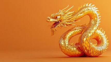 Fototapeta premium A Coiled Golden Dragon on a Copper-Colored Background