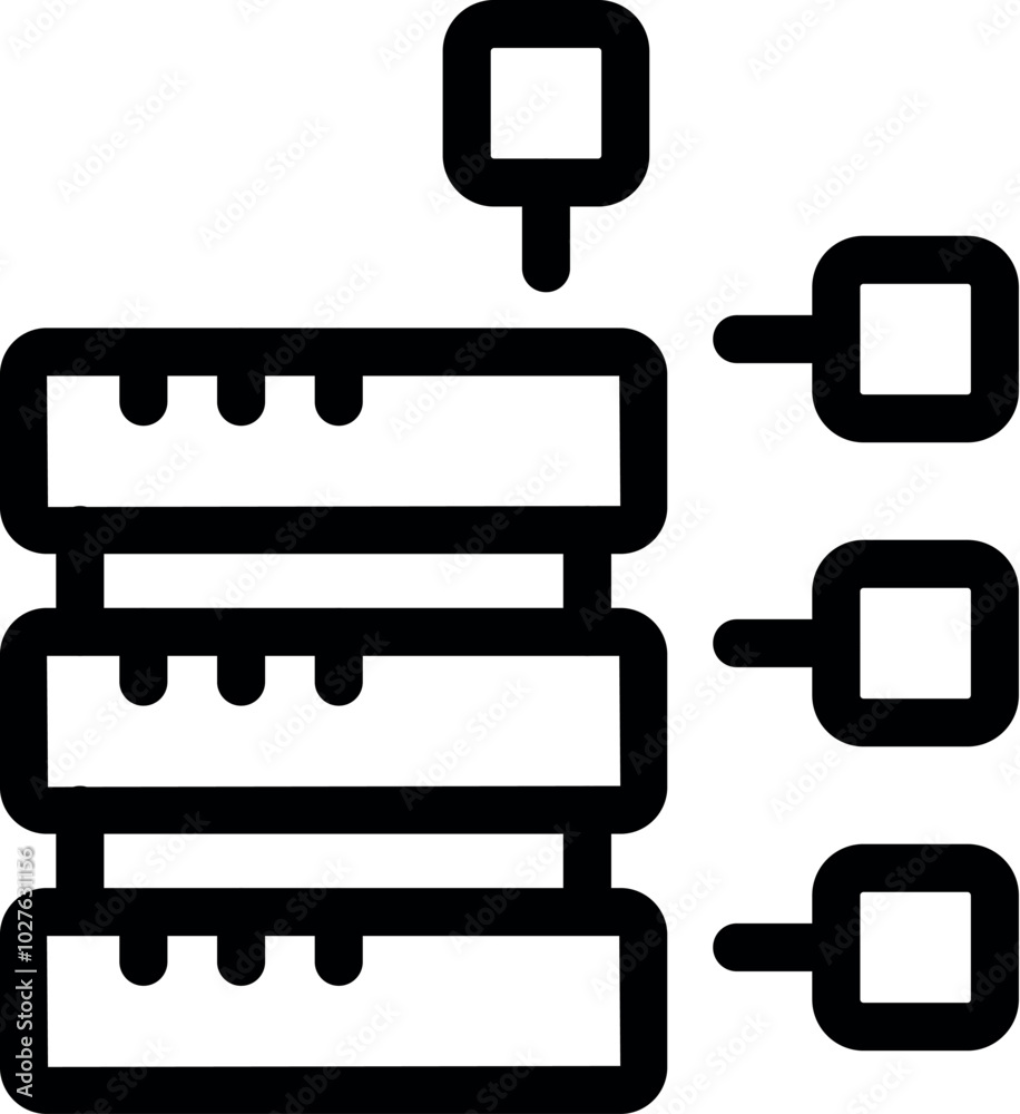Poster bold line icon representing a data server connecting to multiple devices, ideal for projects related