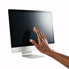 hand reaching for modern computer screen on white background