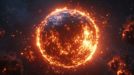 burning planet Earth in space, set against a bright blue backdrop. This powerful visual symbolizes...