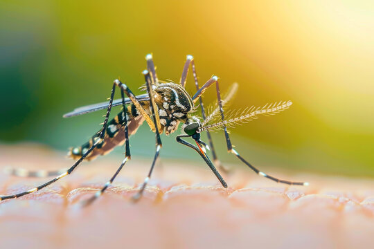 Macro shot of a mosquito feeding on human skin, highlighting the insect's detailed anatomy and behavior during the bite.