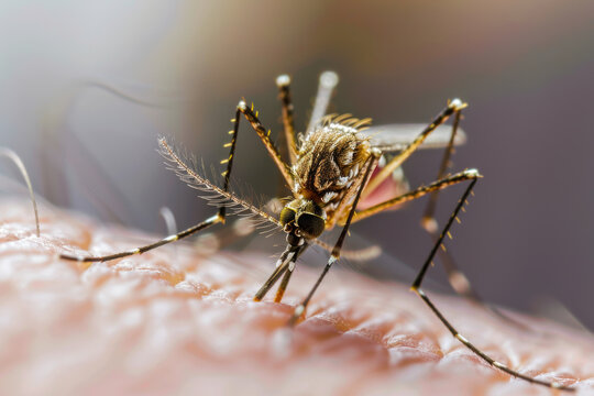 Macro shot of a mosquito feeding on human skin, highlighting the insect's detailed anatomy and behavior during the bite.