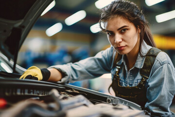 A skilled female mechanic in gloves and overalls works intently on a car engine, performing maintenance in a garage.