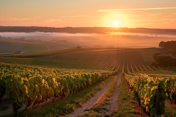 The sun rises over a lush vineyard, casting golden light on rows of grapevines and mist in the rolling countryside.