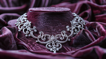 Obraz premium Luxurious Diamond Necklace on Elegant Velvet Display Showcasing Intricate Design and Sparkling Gemstones