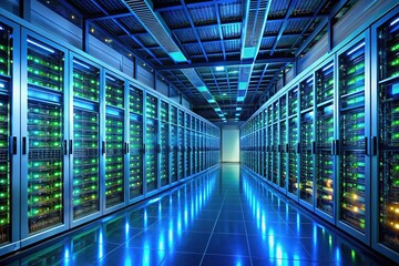 Fototapeta premium Modern Data Center with Illuminated Servers in Low Light Photography