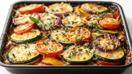 close-up view of vegetables baked with cheese in a pan