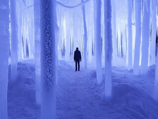 A solitary figure wanders through a mesmerizing icy forest illuminated by a soft blue glow, creating a surreal winter atmosphere.