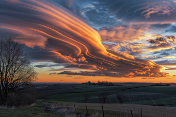Stunning lenticular clouds illuminated by sunset light hover over snow-capped mountains, creating a dramatic and surreal landscape.