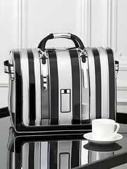 A glossy black and silver striped bag displayed on a reflective surface beside a white cup.