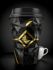 A stylized black and gold coffee cup with a geometric design and a smaller white cup beside it.