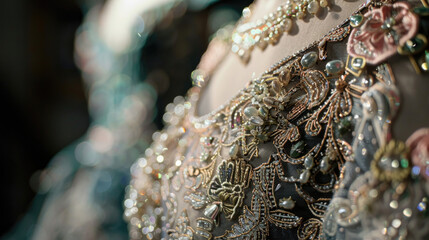 Intricate Embroidery on Elegant Evening Gown with Pearls and Floral Patterns in Soft Focus