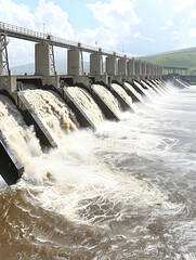 A dam with water flowing through multiple sluice gates into a river.