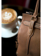 A close-up of a textured brown handbag beside a beautifully crafted coffee cup.