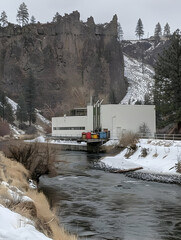 A building near a river, surrounded by snow-covered land and rocky cliffs in a serene landscape.