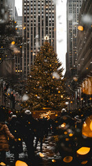 A festive scene featuring a large Christmas tree in a bustling city street during snowfall.