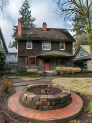 A charming two-story house with a circular fire pit in the front yard.