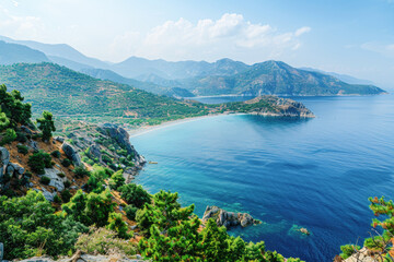 Obraz premium A breathtaking view of a clear blue coastal bay surrounded by rugged mountains, offering a peaceful and serene atmosphere.