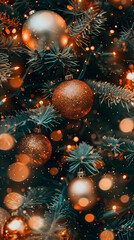 A close-up of a festive Christmas tree adorned with shimmering ornaments and warm lights.