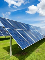 Solar panels installed in a green field under a blue sky, harnessing renewable energy.