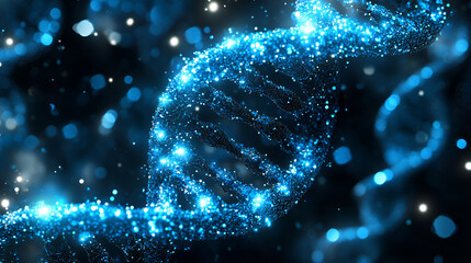 Glowing blue dna strand is rotating on a dark background with bokeh lights. dna double helix rotating in medical abstract background. DNA molecule for visuals, biology,.