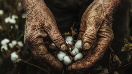 Closeup of Muddy Hands Holding Cotton Bolls